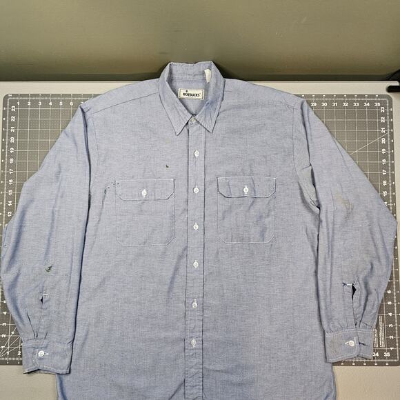 Vintage Roebucks Chambray Shirt XL Blue Lightweight Grunge Sears 60s 70s Work - Picture 1 of 13